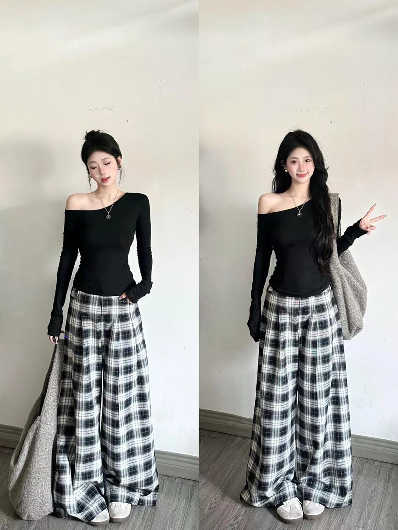 美式复古黑色斜肩修身长袖T恤女高腰黑白格子宽松休闲阔腿裤套装