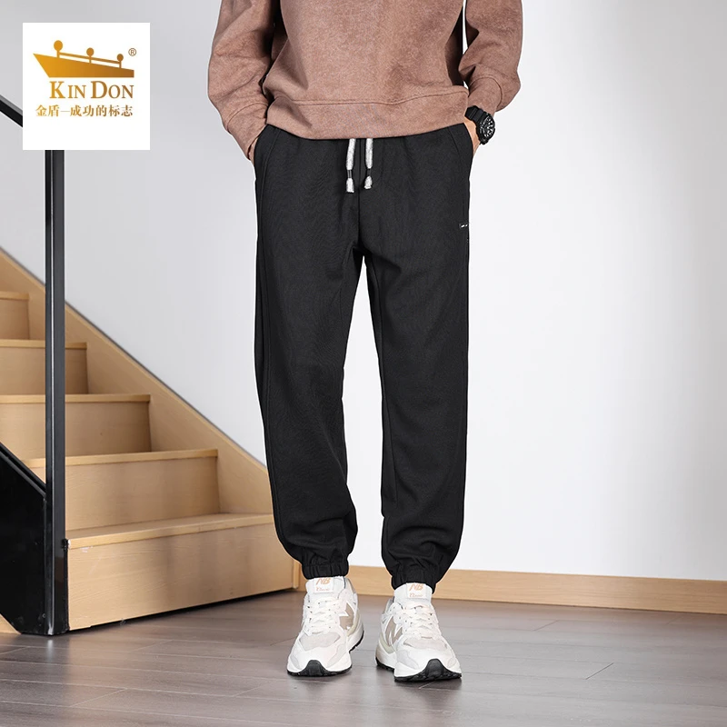 金盾松紧腰2025新款男士休闲裤华夫格男士直筒潮牌修身束脚长裤