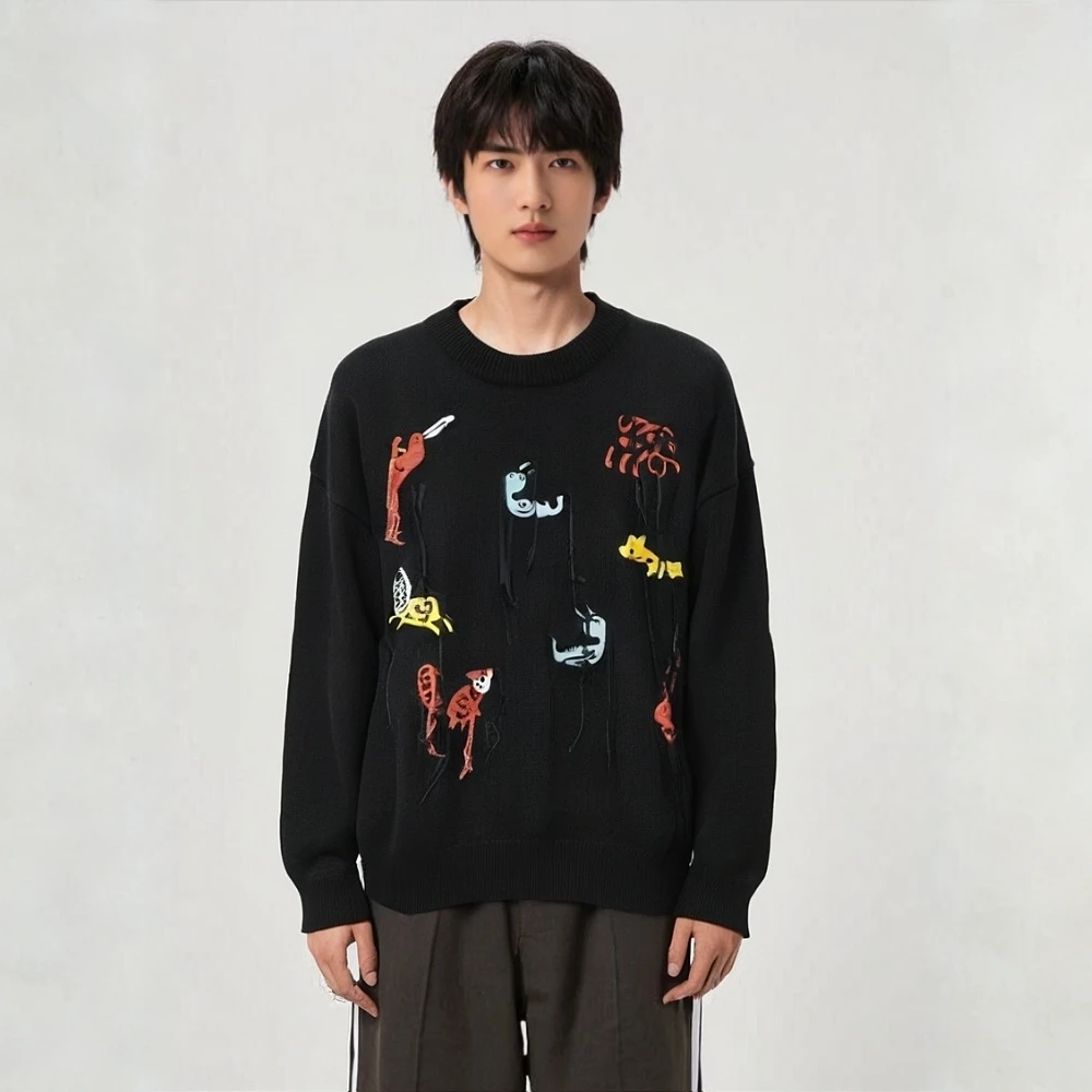 2025秋季新款高奢刺绣圆领套头毛衣宽松时尚潮流百搭针织毛衣