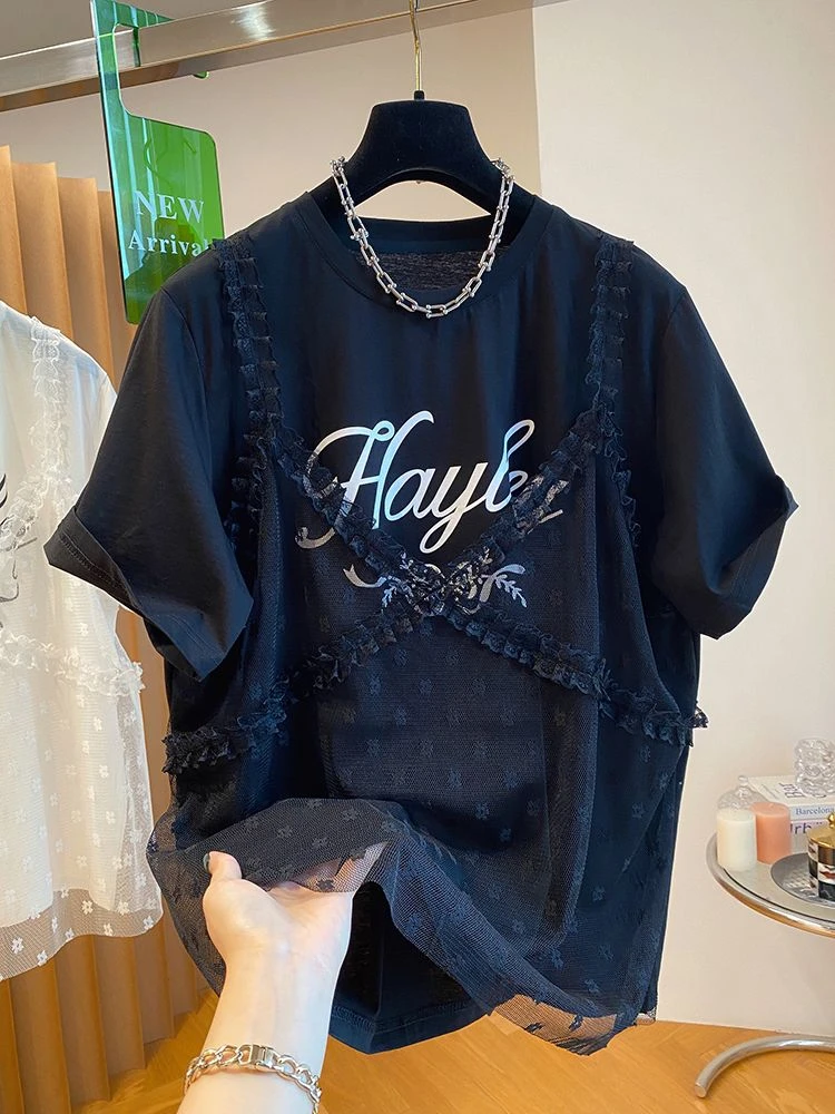 夏季特大码300斤网纱蕾丝吊带个性拼接假两件短袖t女宽松印花上衣