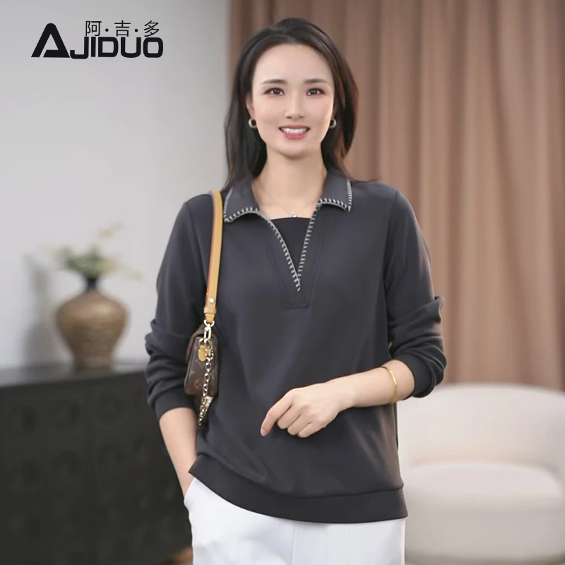 A21190阿吉多灰色长袖t恤女士春秋新款时尚休闲大码宽松显瘦上衣