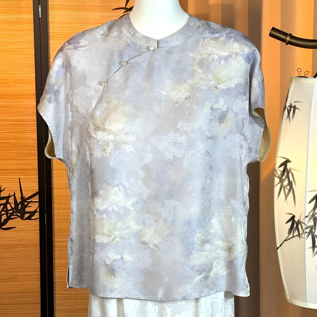 云舒2-日常新中式红云纱时尚显瘦宽松优雅气质中式短袖上衣夏