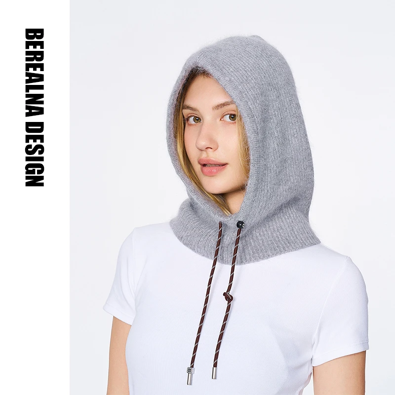 berealna design安哥拉兔毛绳结装饰巴拉克拉法帽秋冬保暖针织帽