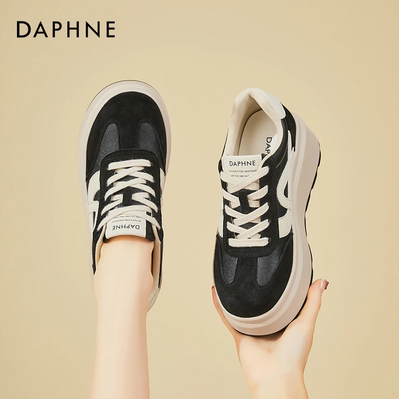 达芙妮女士夏天德训鞋2025秋季新款厚底松糕真皮复古系带低帮板鞋