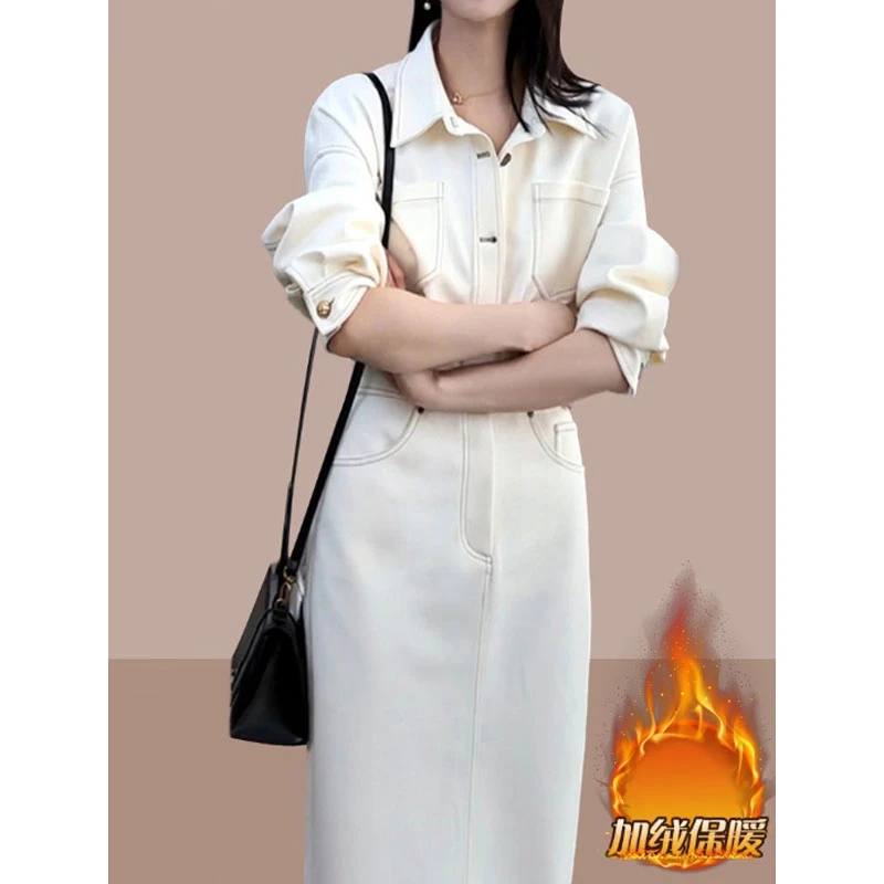 复古温柔风连衣裙女冬装新款设计感韩版收腰显瘦气质长裙