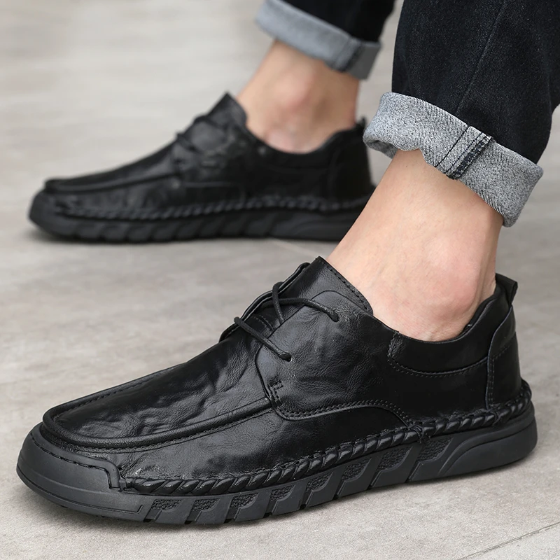 休闲皮鞋手工缝制耐磨防滑百搭透气黑色软底潮鞋春季英伦潮流男鞋