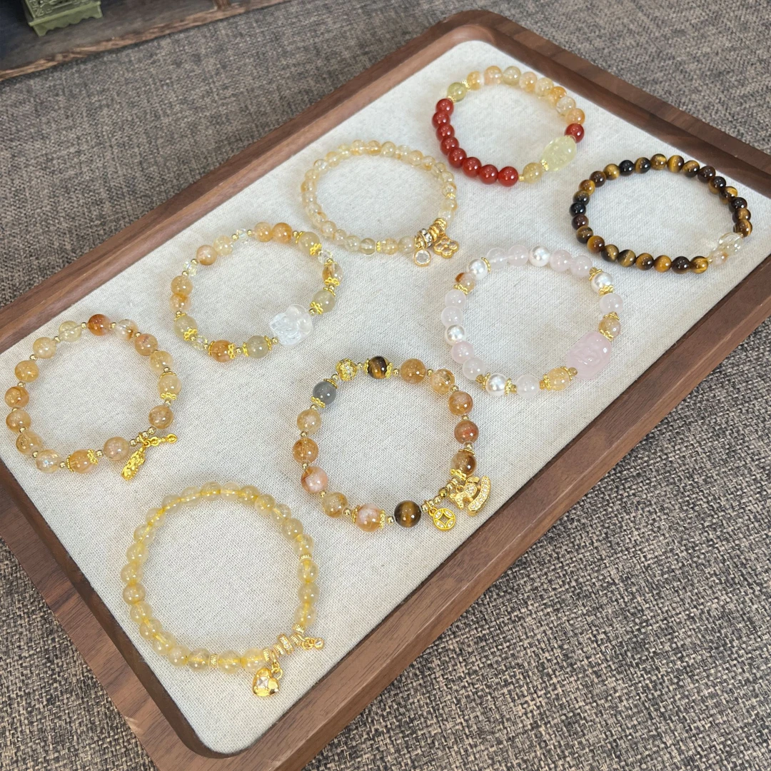 天然水晶手串合集黄水晶黄塔晶粉水晶虎眼红玛瑙甜美百搭珠宝饰品