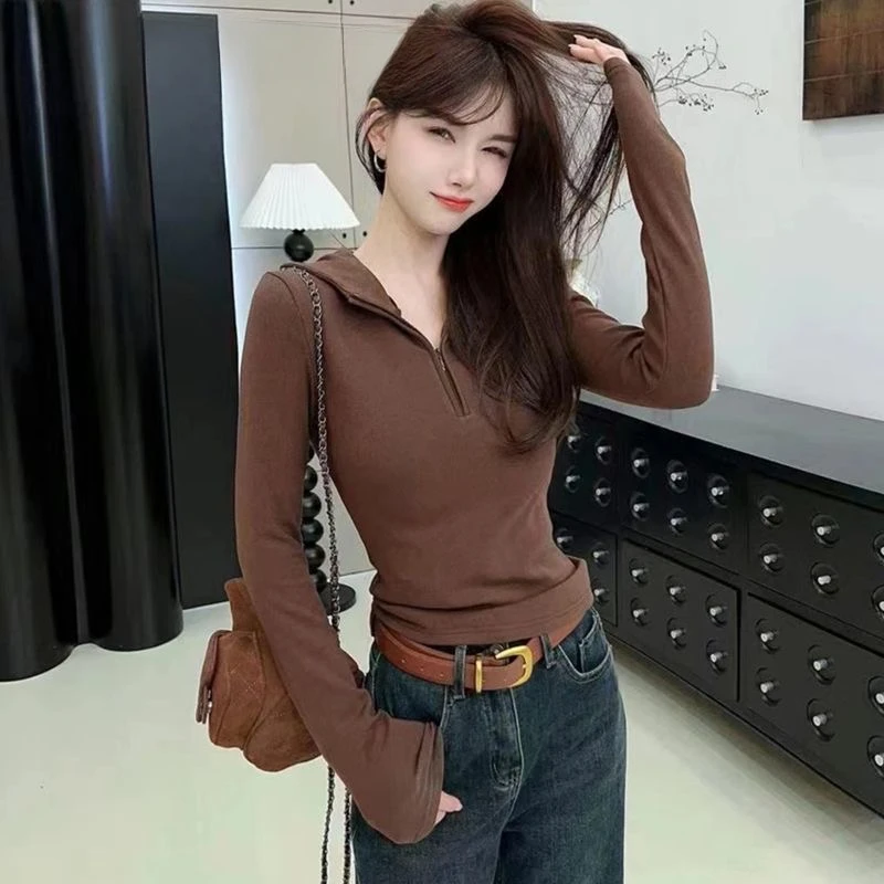 新款秋冬百搭半拉链连帽长袖T修身显瘦休闲通勤绒毛上衣女韩版