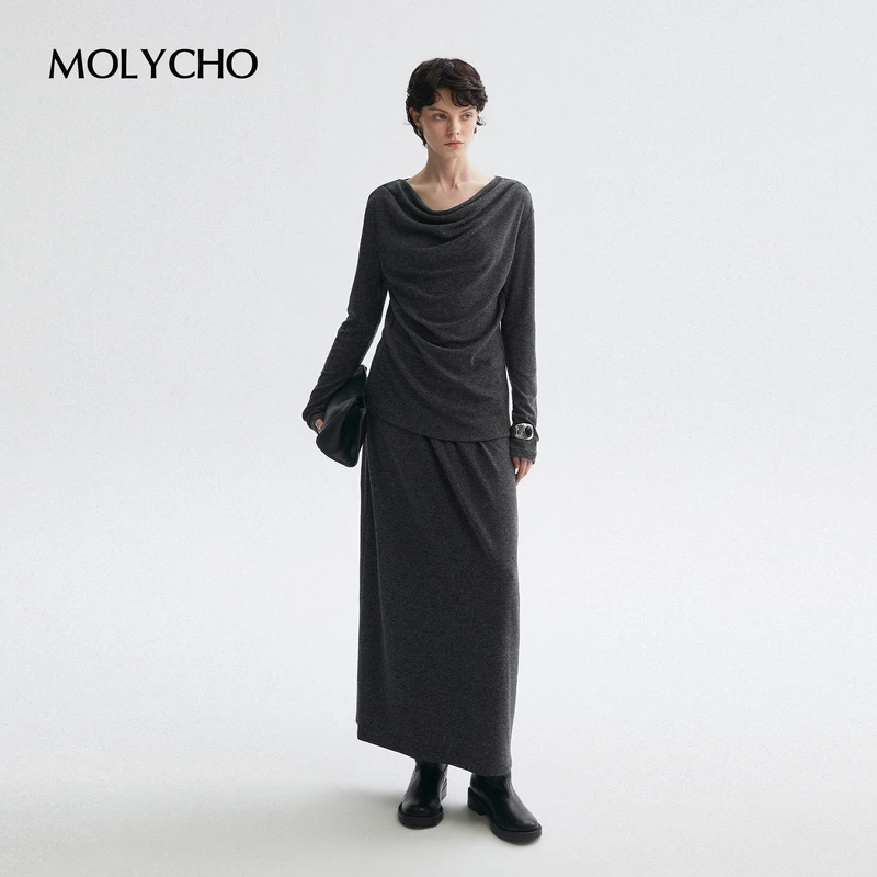 MOLYCHO｜散步套装/垂感荡领长袖T恤+松紧腰软糯亲肤半身裙两件套
