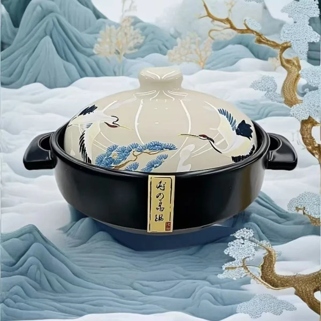 新款手绘仙鹤砂锅家用煲汤炖粥浅锅双耳防烫大容量耐高温$