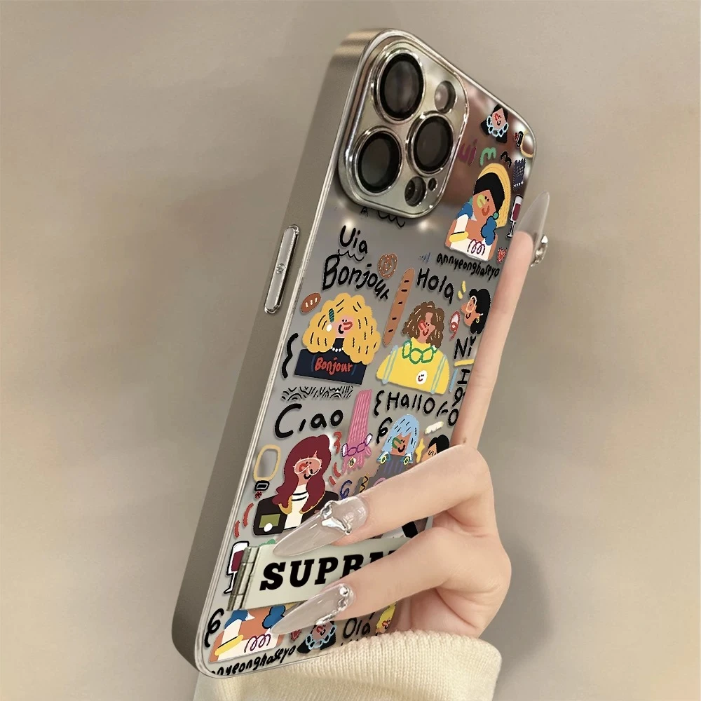 适用于苹果16pro手机壳iPhone15电镀镜面11/13涂鸦女孩14Plus支架