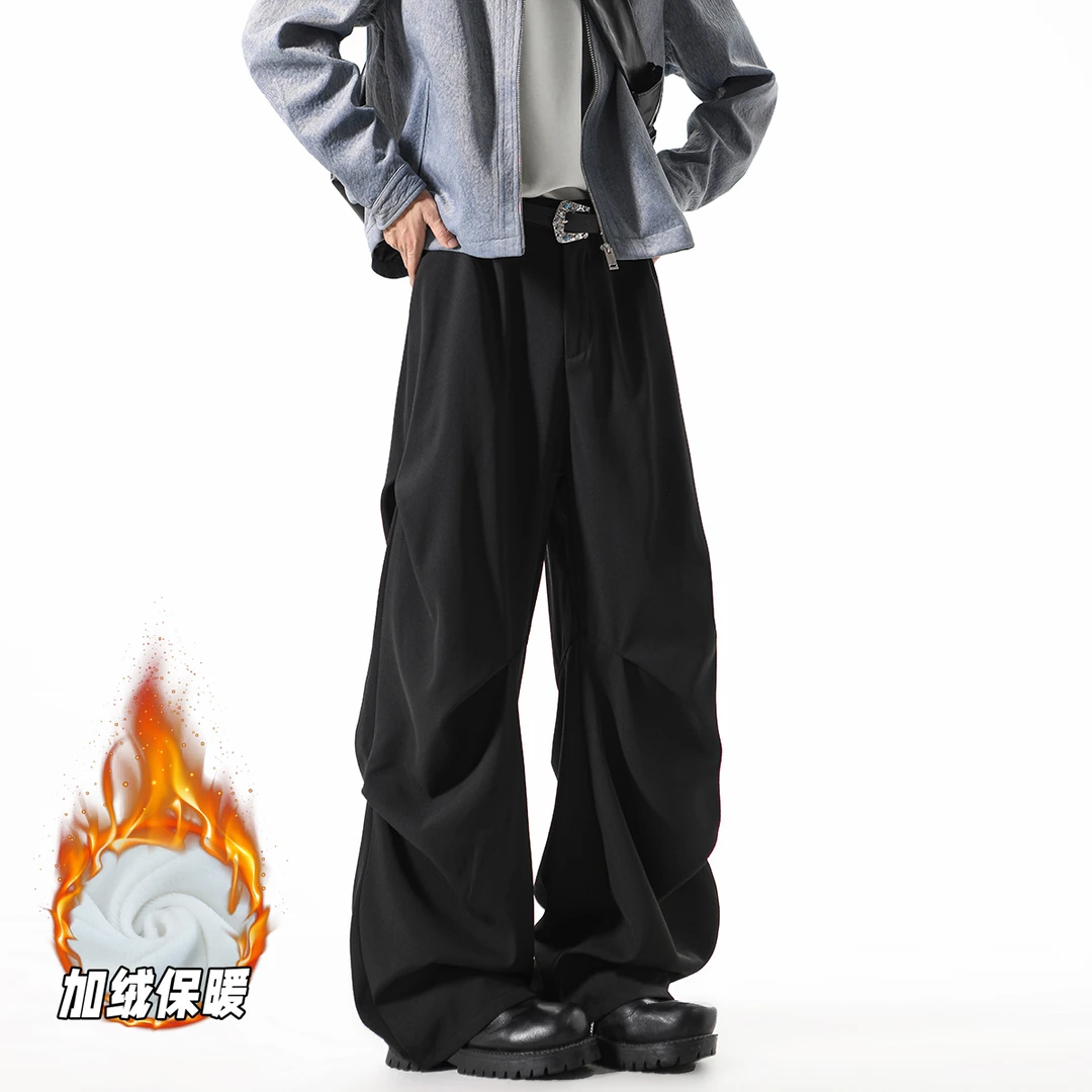 【主播同款】加绒无影墙冬季美式宽松阔腿微喇褶皱垂感西裤YK168