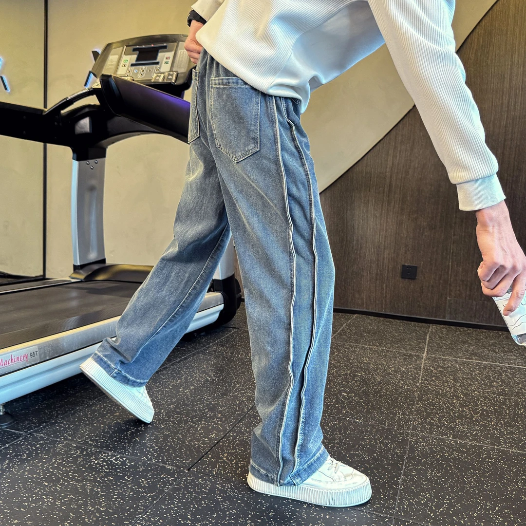 高街水洗蓝色直筒牛仔裤男士秋冬季新款时尚韩版百搭宽松男休闲裤