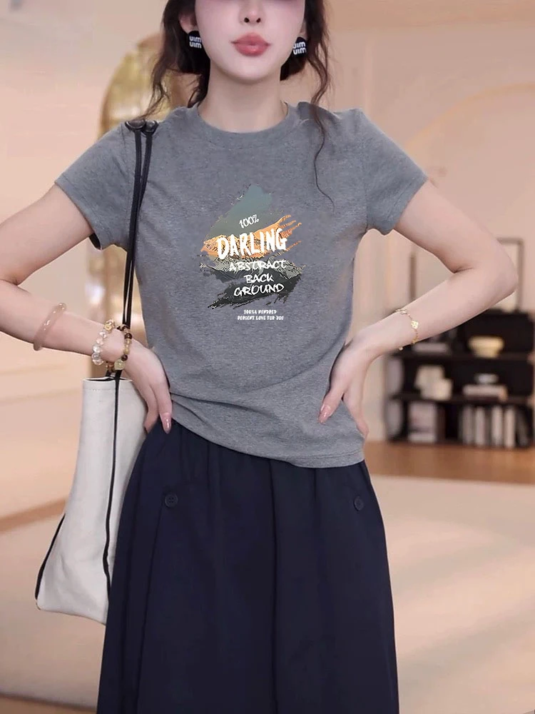 ins高级灰新款短袖t恤女款韩版圆领显瘦上衣夏季复古港风正肩棉质