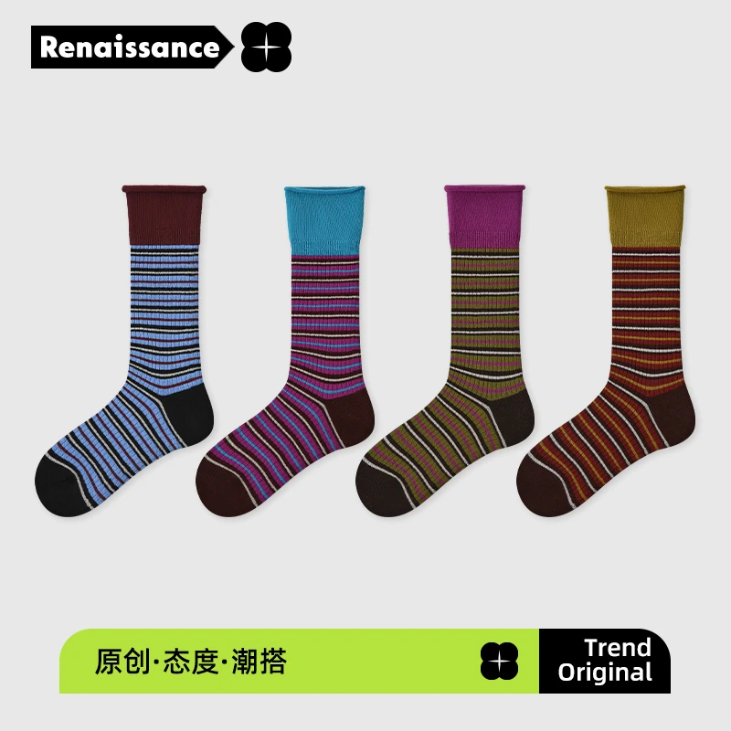 【单双/2双装】文艺复兴秋冬撞色条纹新中筒女袜流光风复古堆堆袜