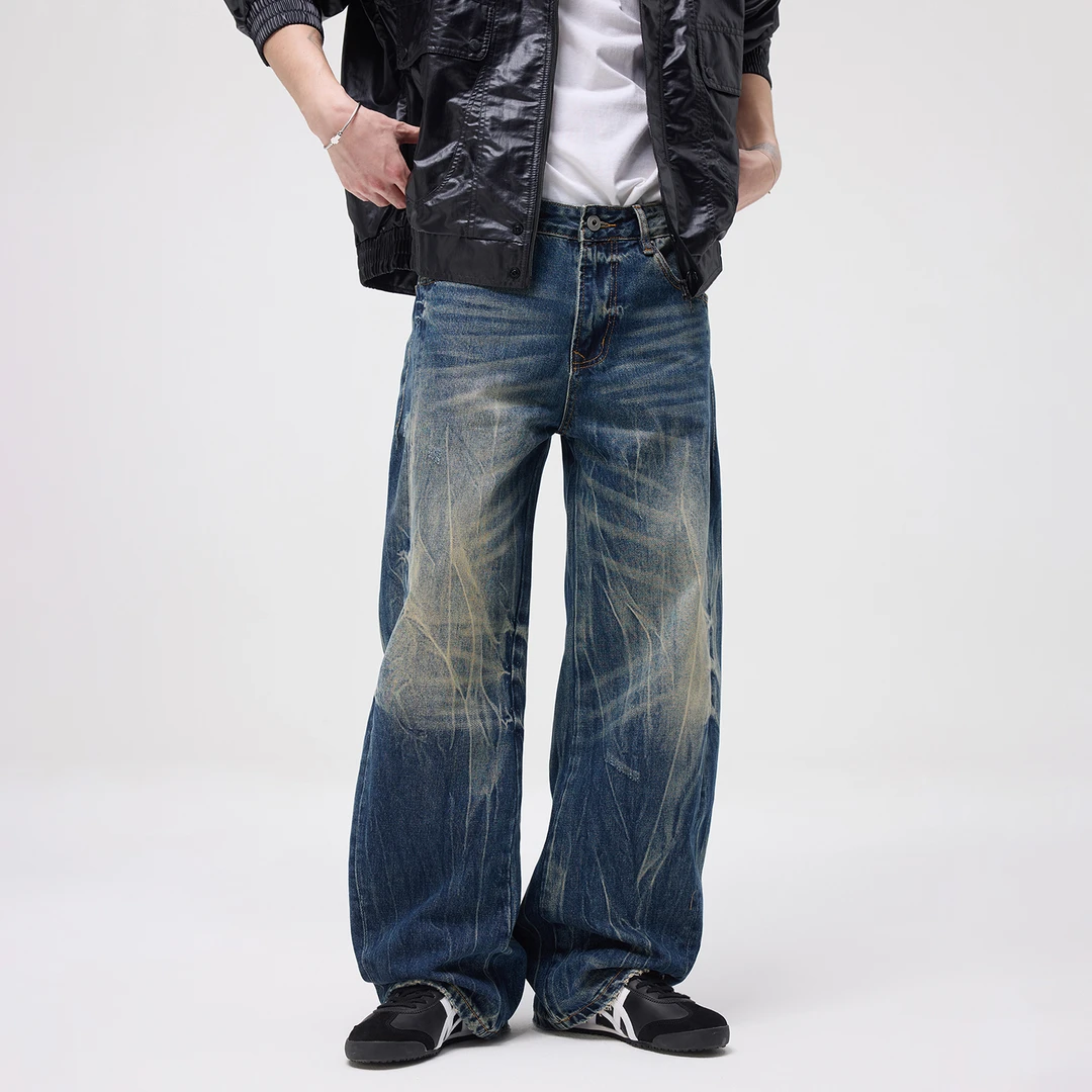 弯刀牛仔裤男款宽松扎染水洗潮牌2025新款秋冬刮烂美式高街加长裤