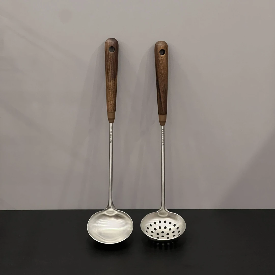 胡桃木汤勺漏勺18/10不锈钢火锅勺子复古轻奢加厚防烫厨房家用