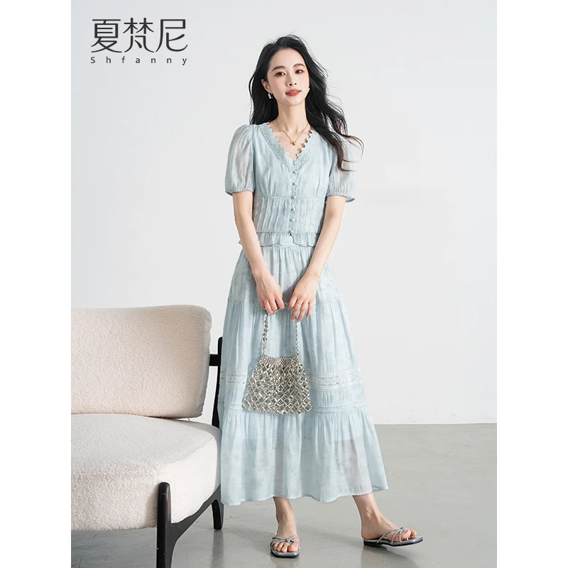 夏梵尼薄荷之夏上衣半裙两件套新款盐系V领花边减龄短袖洋气套装