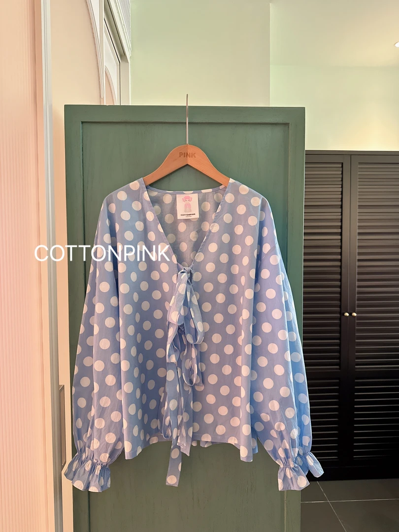 COTTONPINK女装设计师款波点绑带文艺小清新长袖上衣女