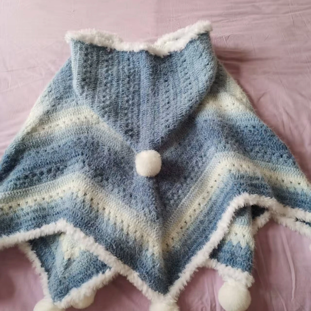 新款时尚七星斗篷披肩手工编织diy材料包混纺渐变线轻纱七星毯