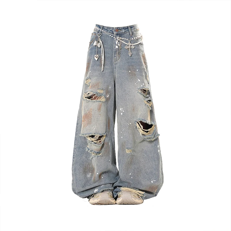 美式复古脏染破洞牛仔裤女2025夏季新款设计感宽松阔腿拖地长裤子