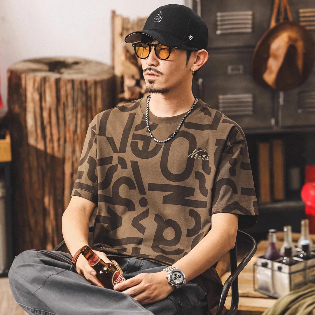 夏季新款短袖T恤男宽松2025美式潮流满印半袖体恤潮牌男士上衣潮