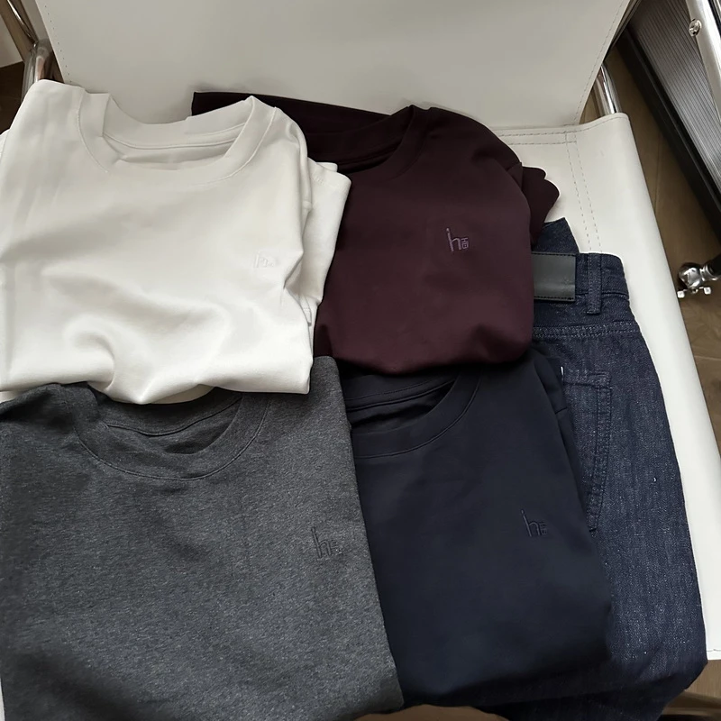 高级感酱紫色字母刺绣T恤 显瘦百搭正肩圆领短袖t 磨毛打底tee