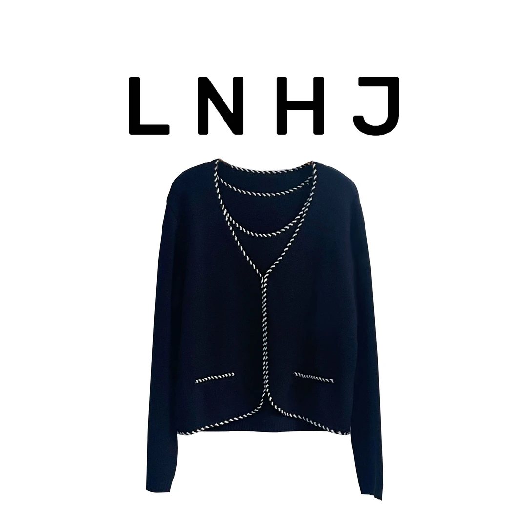 【LNHJ】(不退换） 法式优雅 小香风撞色V领针织背心开衫套装