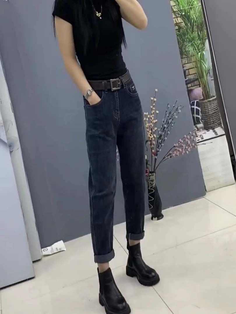 2025秋冬加绒高腰弹力九分哈伦牛仔裤女梨形身材显瘦大码老爹裤子