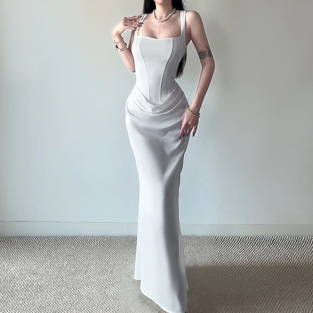 instahot 法式气质吊带裙黑色性感辣妹鱼骨绑带收腰包臀礼服长裙