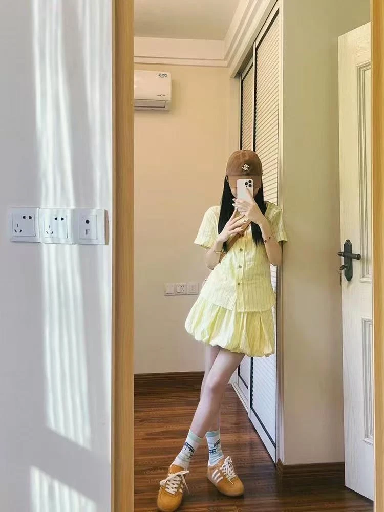 夏季时尚套装半裙极简风复古港风泡泡袖气质法式森系988037