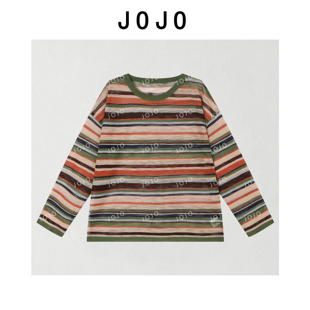 玖了个玖 2025夏季 极简百搭竹节雪花棉彩虹条纹防晒T恤2507C4093