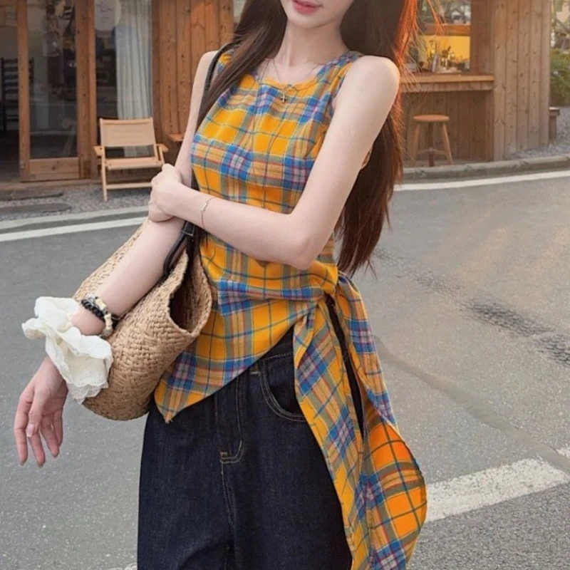 设计感格子背心女2025年夏季新款不规则小众修身系带别致无袖上衣