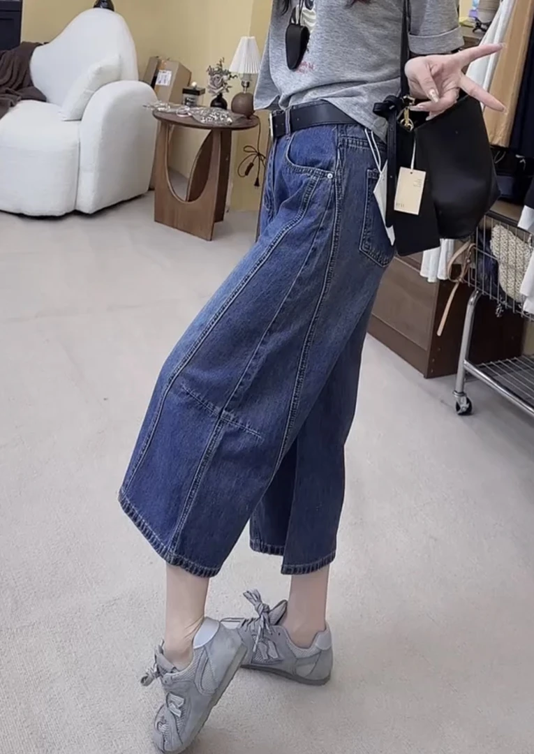 夏季薄款牛仔裤大码时尚宽松显瘦小个子阔腿直筒弯刀八分牛仔裤女