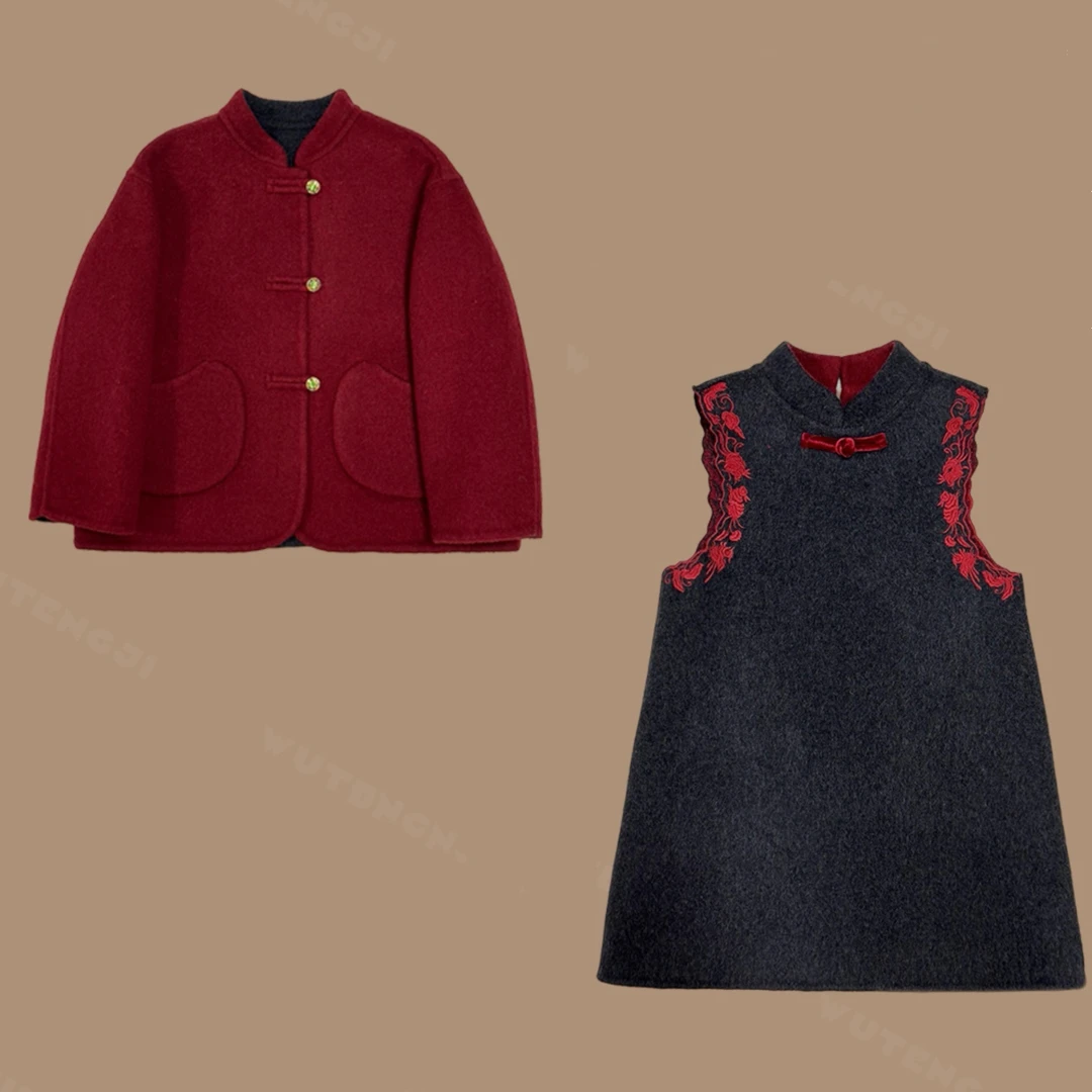 【现货】【流云】【纯手工羊毛裙】2025女童冬季复古中式红套装25DT701