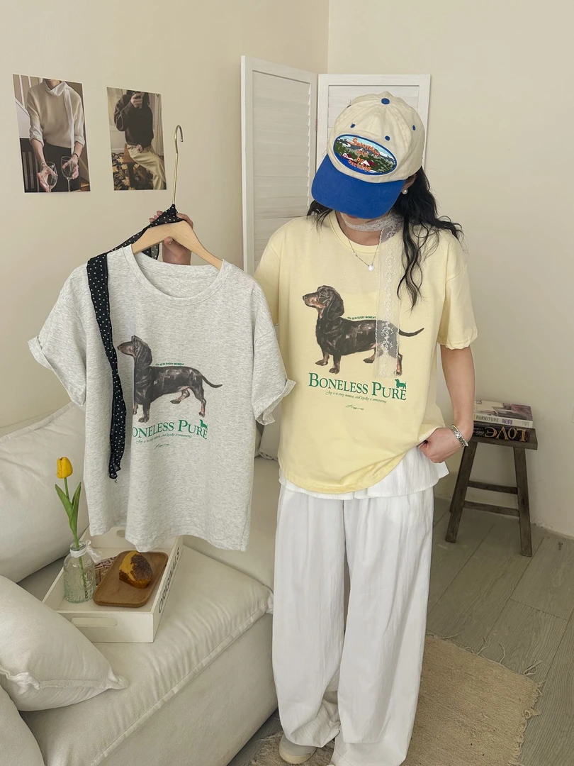 韩系腊肠狗露丝同款 印花短袖小众通用宽松落T恤韩版