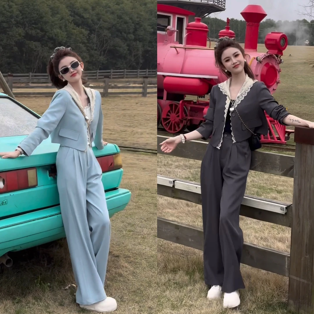 （浮光浅梦）小众别致蕾丝拼接时尚直筒阔腿裤休闲两件套