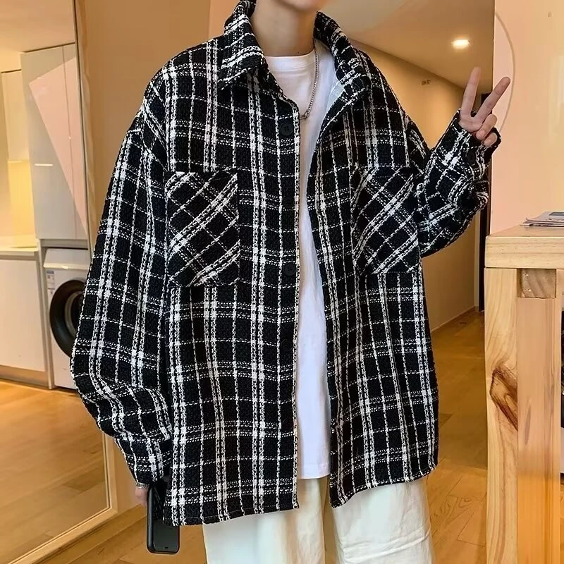 千鸟格小香风外套男款春秋高级感男装设计感格子衬衫式夹克情侣装