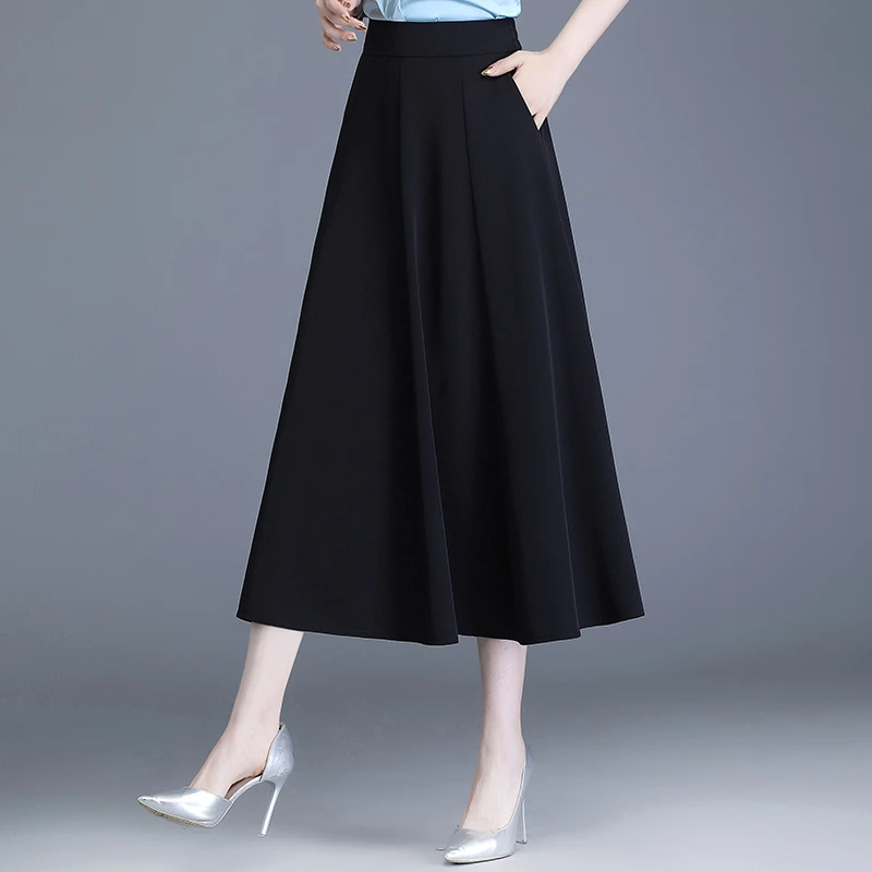 百搭黑色半身裙冰丝裙夏季新款高腰显瘦垂感大摆a字裙长款百褶裙