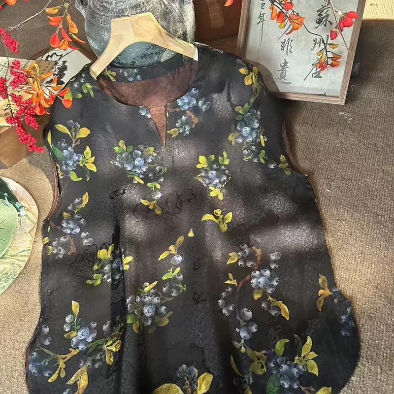夏季新款新中式国风宽松显瘦圆领蓝梅提花花萝上衣
