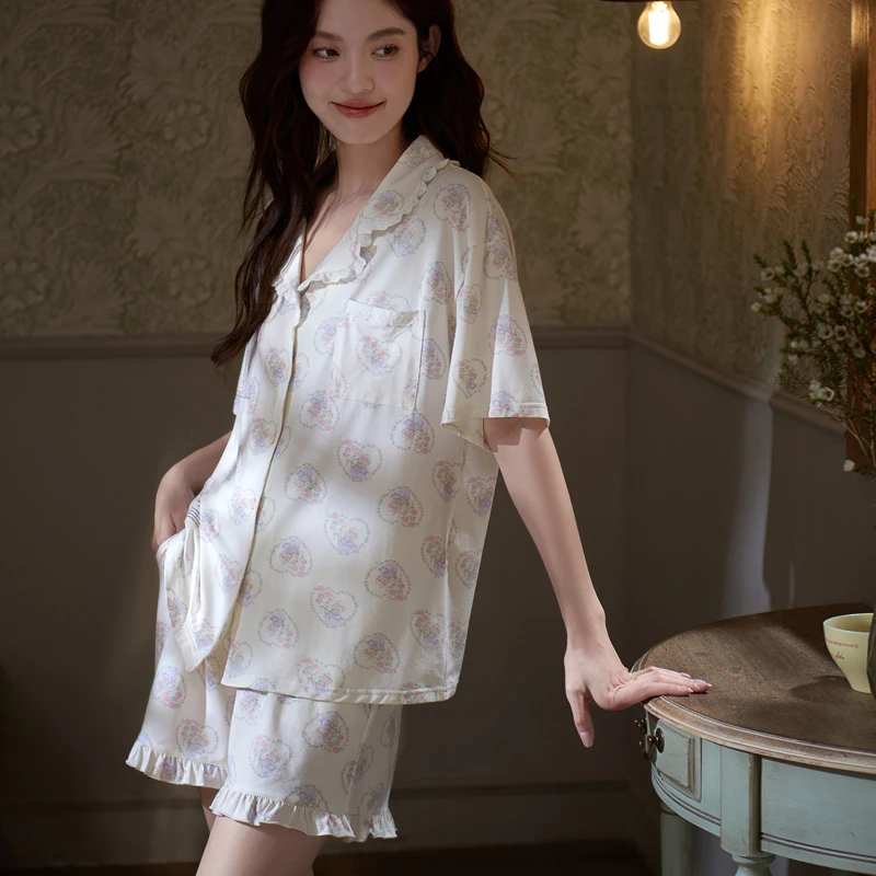 思莉太太【半糖少女】女士可外穿睡衣夏季莫代尔短袖甜美碎花家居服