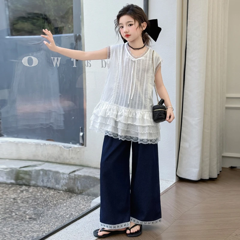 儿童蕾丝花边上衣套装夏季新款洋气中大童牛仔女童阔腿裤两件套潮