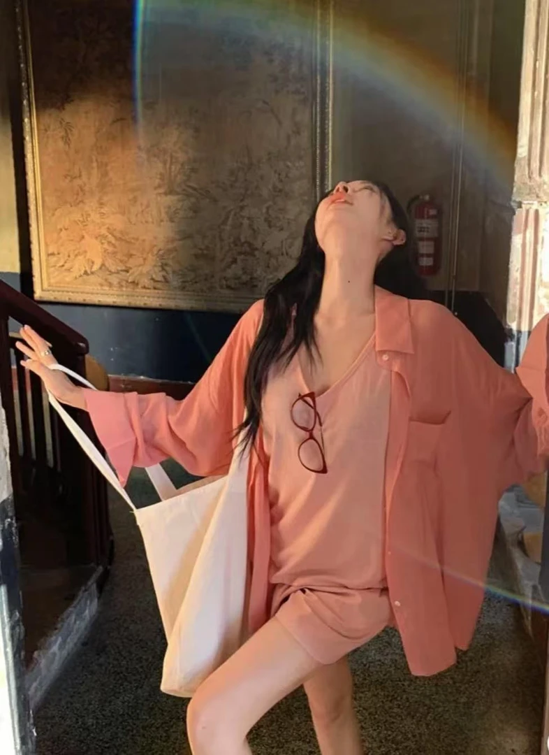 6317休闲慵懒风宽松背心短裤女夏季外搭衬衫开衫三件套