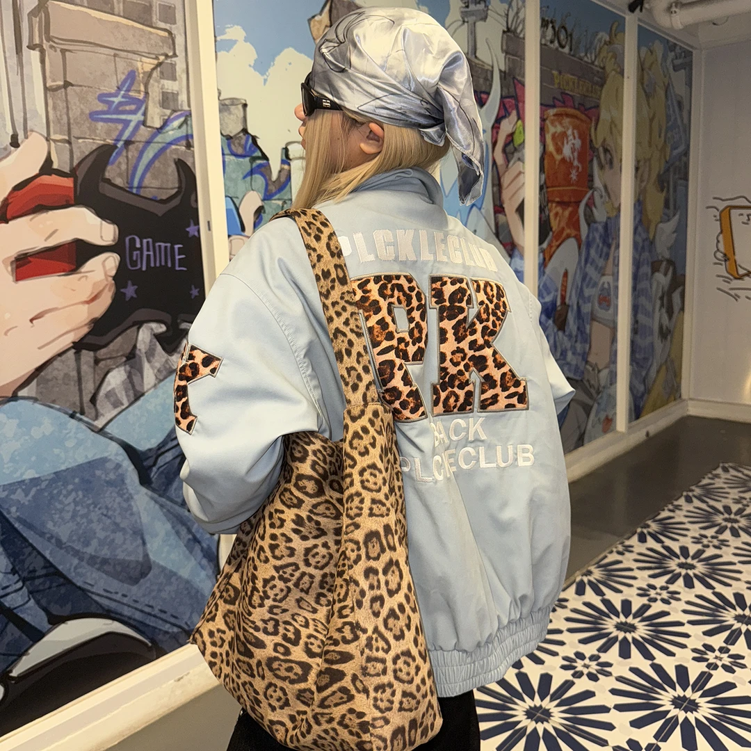 梁拌泡菜美式复古豹纹运动风夹棉夹克外套男女设计感街头风上衣