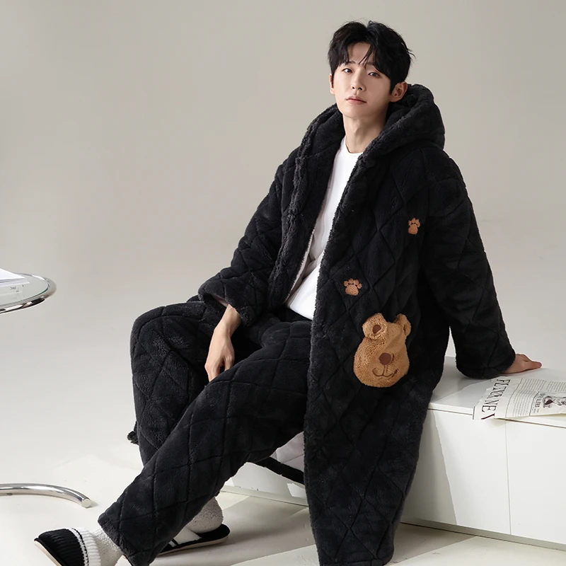 珊瑚绒男士睡衣秋冬三层夹棉加厚保暖连帽长袖可外穿家居服套装