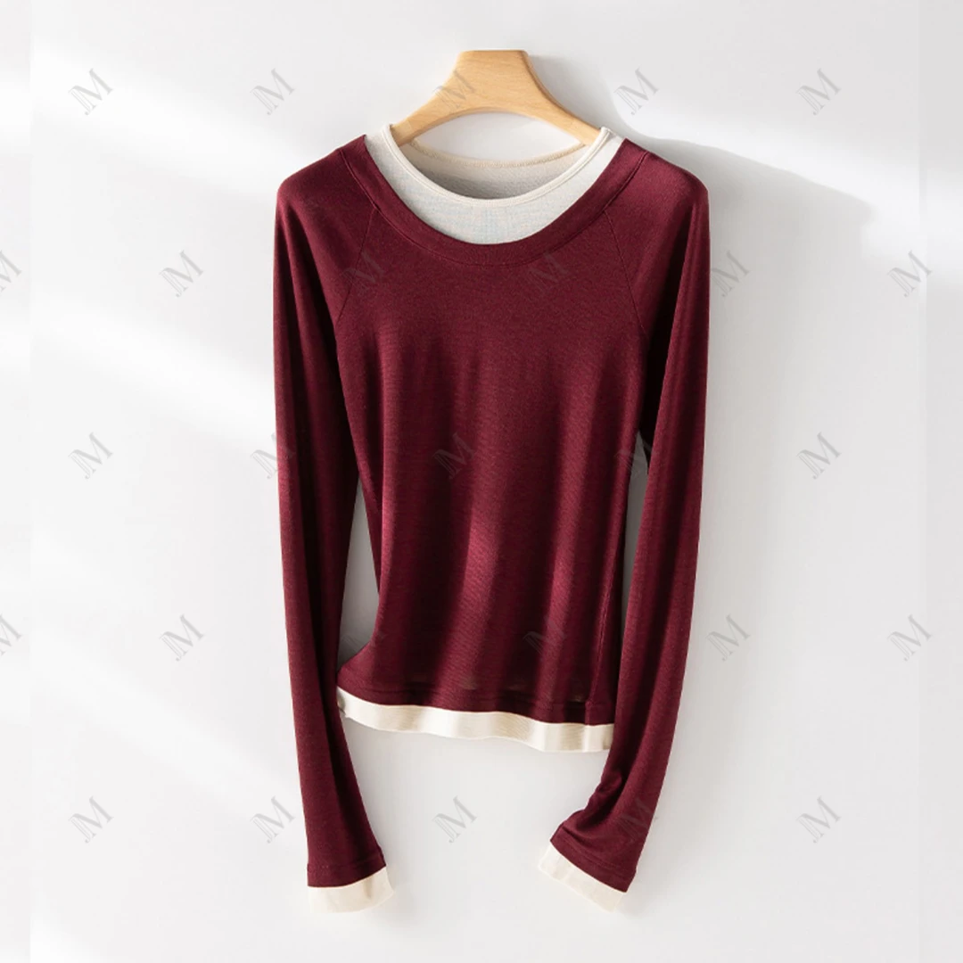 【M珈】”撞色玩家“圆领天丝羊毛假两件长袖打底衫设计感内搭上衣
