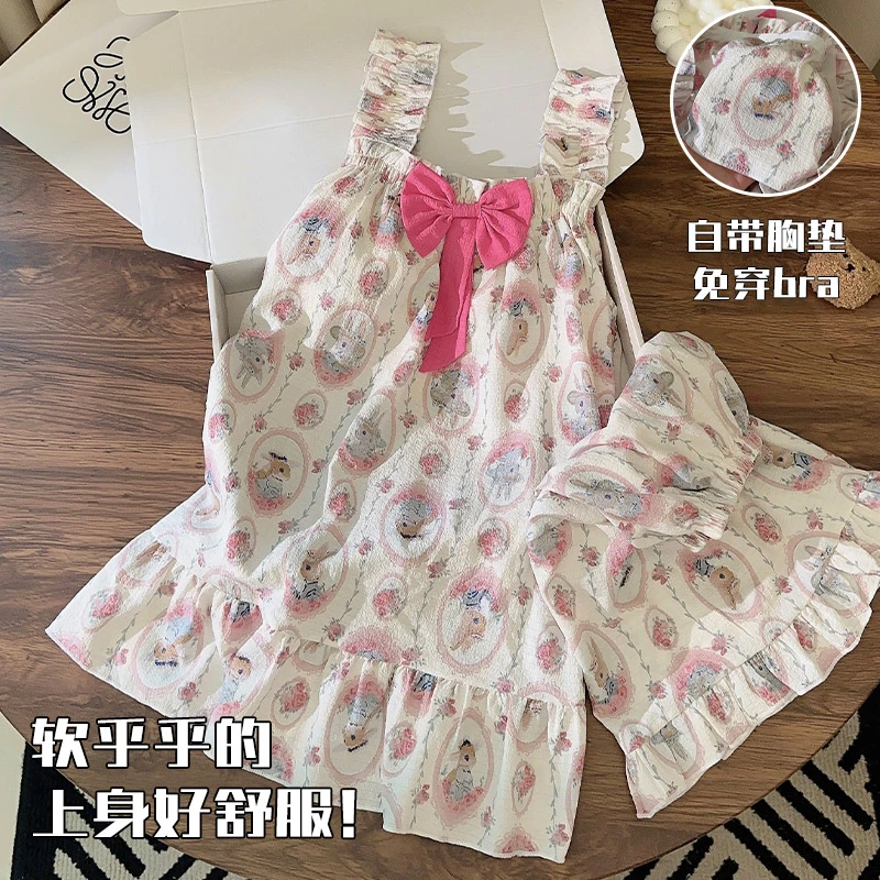 可爱小兔子睡衣夏季女带胸垫梭织棉甜美蝴蝶结新款夏天吊带家居服