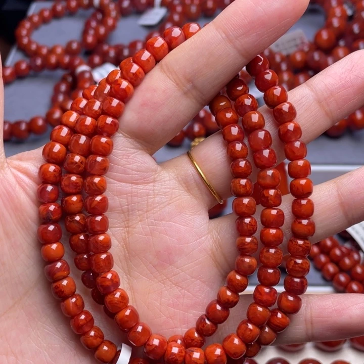 南红玛瑙未镶嵌其他D6mm瓦西料柿子红火焰纹老型佛珠