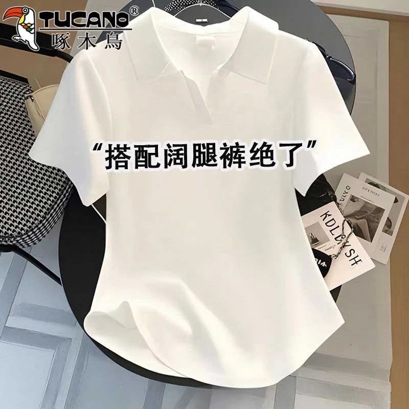 啄木鸟短袖t恤女新款2025夏季穿搭POLO领气质棉质纯色不规则上衣