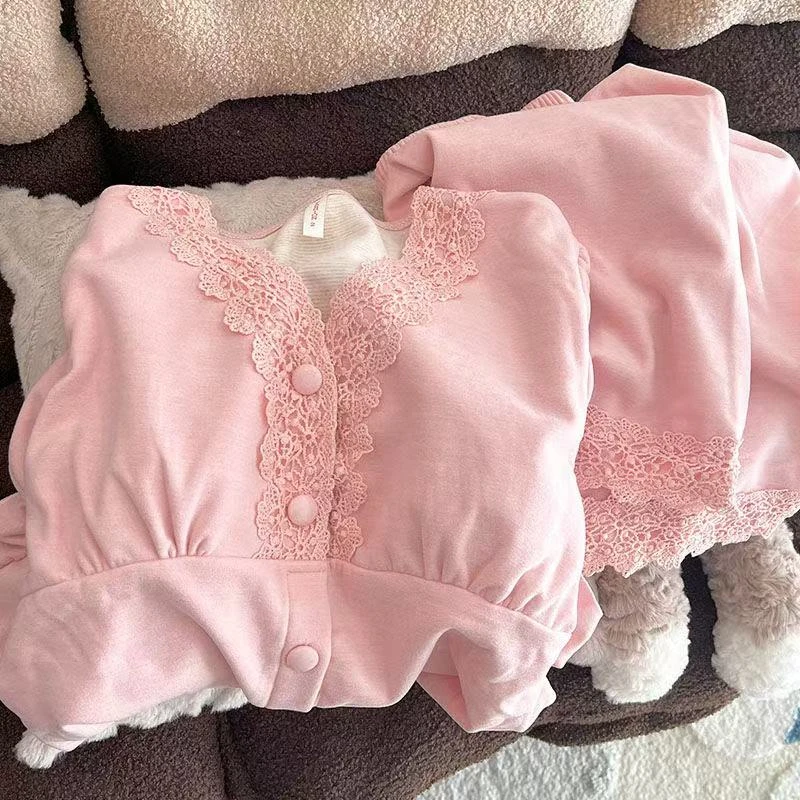 粉色V领蕾丝花边甜美公主风春秋冬季羊绒长袖睡衣女士套装家居服